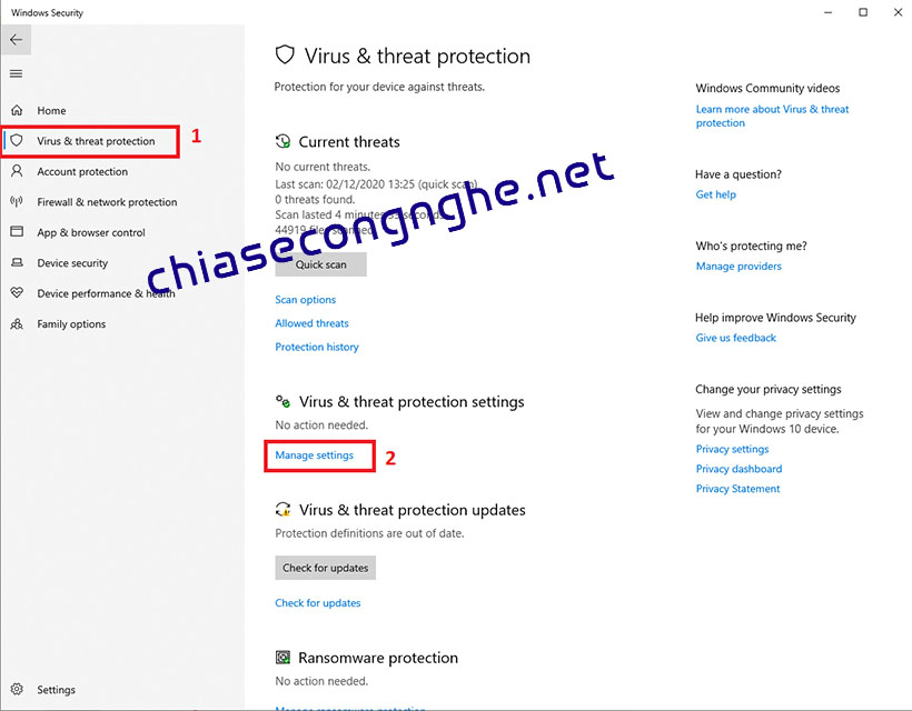 Nhấn vào Manage settings trong Virus & threat protection settings